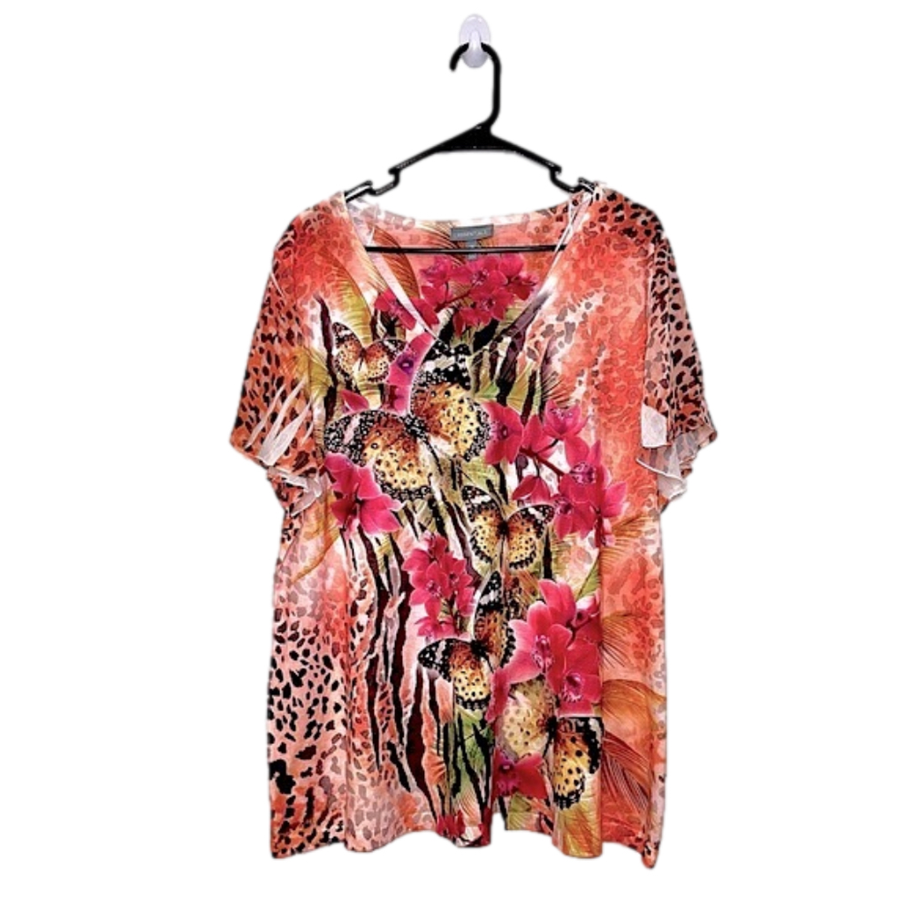 ESSENTIALS Pink & Orange Blouse w. Cheetah Print & Butterfly Design